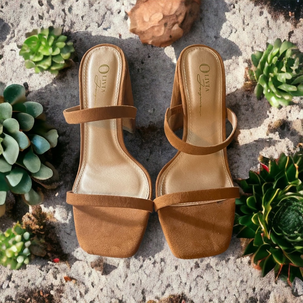 Olivia Fargiano Cognac Heeled Microsuede Mule Sandals 7